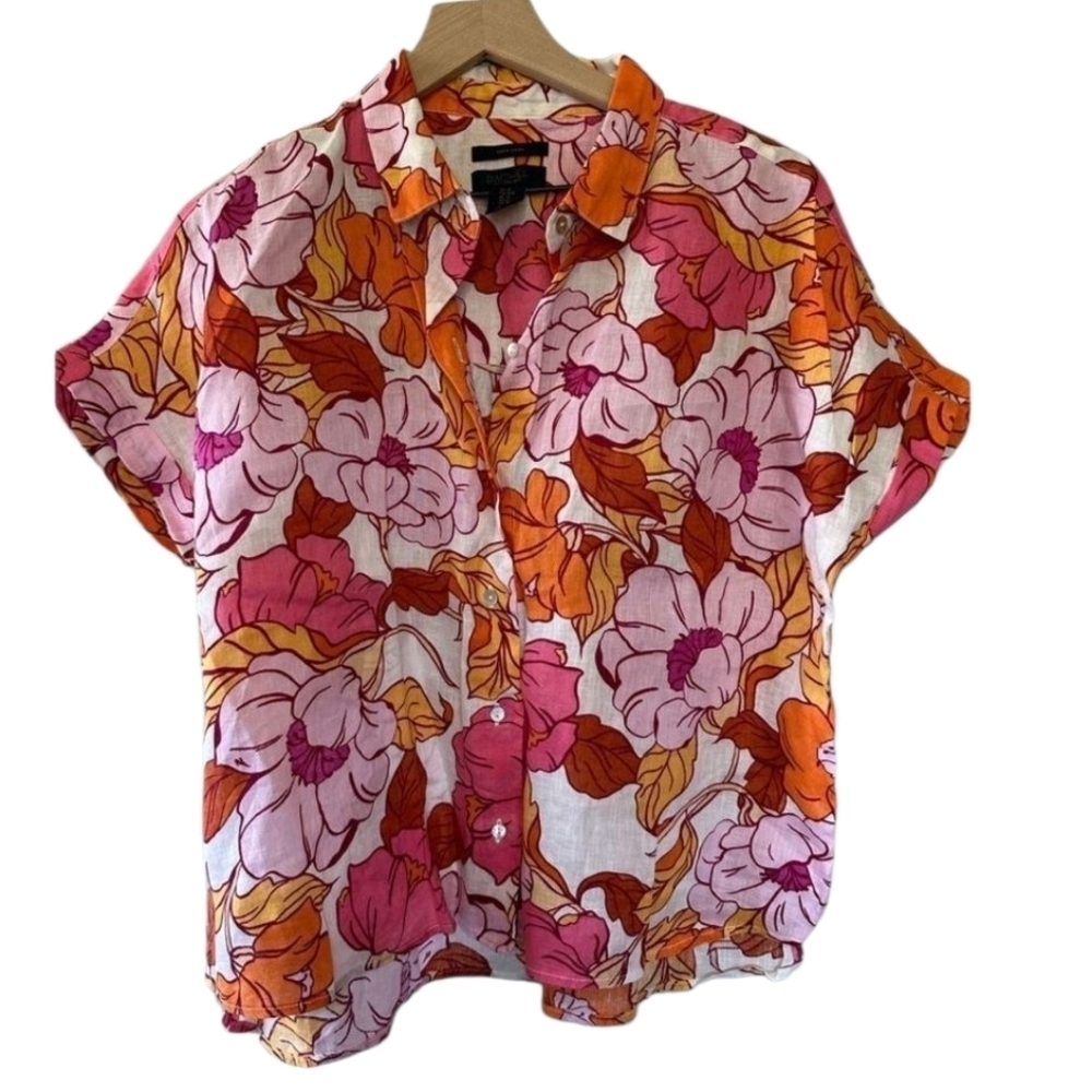 Rachel Rachel Roy Floral Linen Button Short Sleeve Shirt